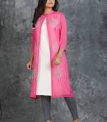 White Sleevless Kurti with Pink jeorgette Embroiderd jacket