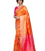 Orange woven banarasi silk saree with blouse