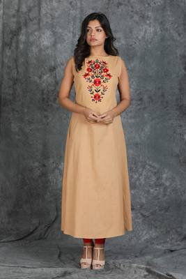 Beige Sleeveless Long Cotton Kurti with Floral Resham Embroiderd On Front 1