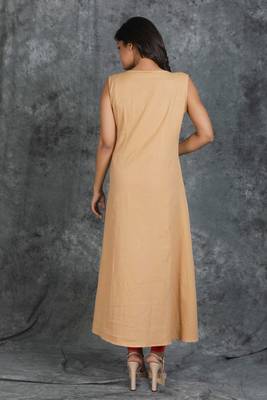 Beige Sleeveless Long Cotton Kurti with Floral Resham Embroiderd On Front 2