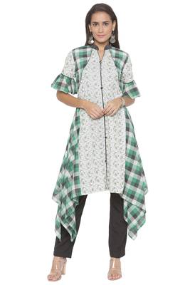 Off White Embroidered Cotton Party Wear Kurti 1