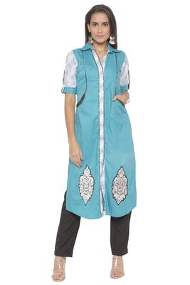 Blue Embroidered Cotton Party Wear Kurti 1