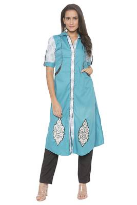 Blue Embroidered Cotton Party Wear Kurti 2