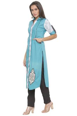 Blue Embroidered Cotton Party Wear Kurti 3