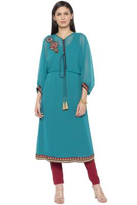 Green Embroidered Georgette Party Wear Kurti 1