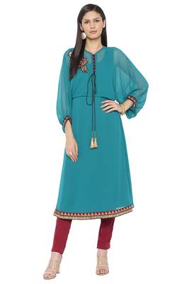 Green Embroidered Georgette Party Wear Kurti 2
