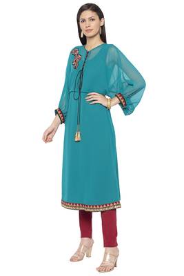 Green Embroidered Georgette Party Wear Kurti 3
