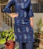 Blue Printed Cotton Ethnic Wear Women