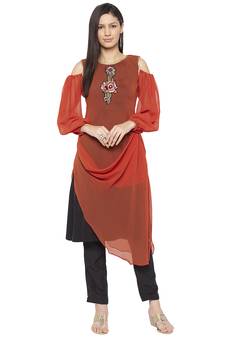 Brown Embroidered Georgette Party Wear Kurti