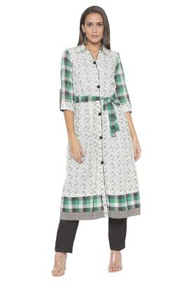 Off White Embroidered Cotton Party Wear Kurti 1