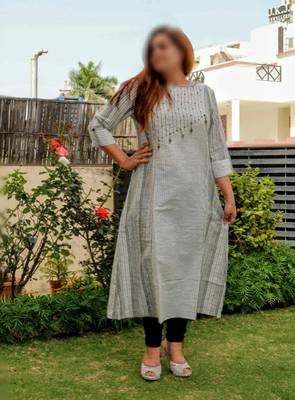 Grey Embroidered Cotton Ethnic Wear Women 1
