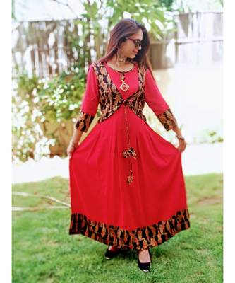 Red Printed Rayon Ethnic Wear Women 1