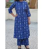Blue Printed Cotton Ethnic Wear Women