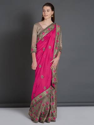 Pink embroidered silk blend saree with blouse 1