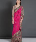 Pink embroidered silk blend saree with blouse
