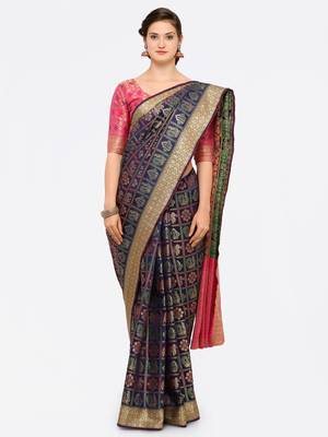 Navy blue woven kanchipuram silk saree with blouse 1