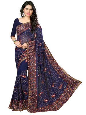 Blue Embroidered Georgette Saree With Blouse 1
