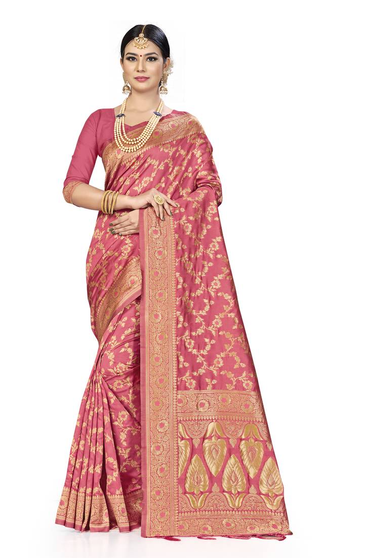 Peach Woven Art Silk Saree With Blouse