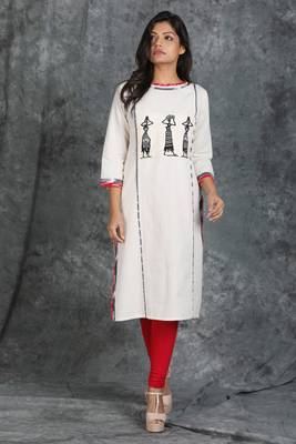 White Khadi Cotton Kurti with Pipli Motif Stitched and Applique Work 1