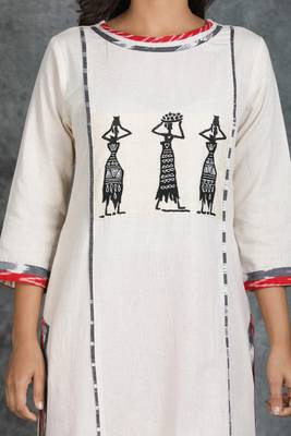 White Khadi Cotton Kurti with Pipli Motif Stitched and Applique Work 3