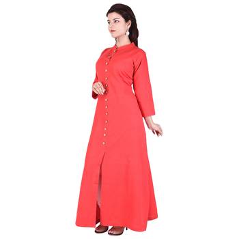 red plain Long Cotton Kurta 3