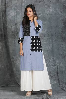 Teal Grey Cotton Kurti with Katha Patch 1