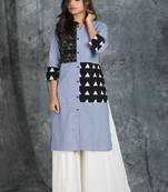 Teal Grey Cotton Kurti with Katha Patch