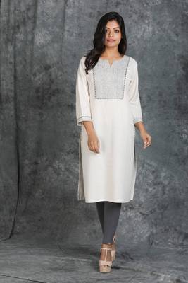 Resham Running Stitched White Khadi Cotton Kurti 1