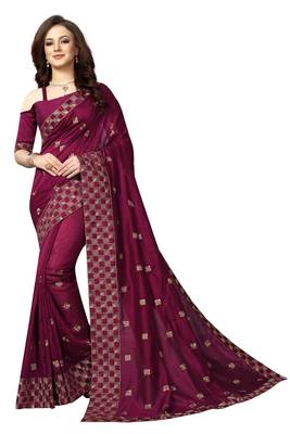 Wine Embroidered Silk Saree With Blouse 1