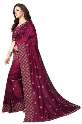Wine Embroidered Silk Saree With Blouse 2