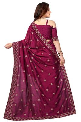 Wine Embroidered Silk Saree With Blouse 3