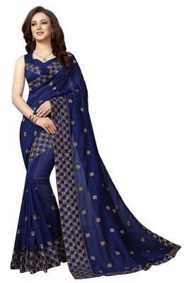 Navy Blue Embroidered Silk Saree With Blouse 1