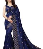 Navy Blue Embroidered Silk Saree With Blouse