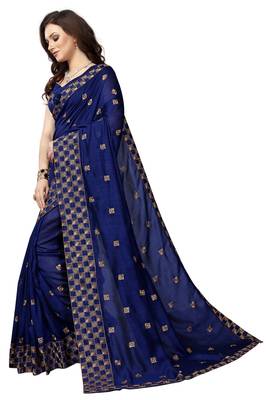 Navy Blue Embroidered Silk Saree With Blouse 2