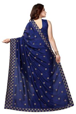 Navy Blue Embroidered Silk Saree With Blouse 3