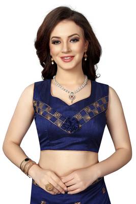 Navy Blue Embroidered Silk Saree With Blouse 4