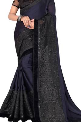 Navy Blue Embroidered Satin Saree With Blouse 2