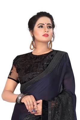 Navy Blue Embroidered Satin Saree With Blouse 3