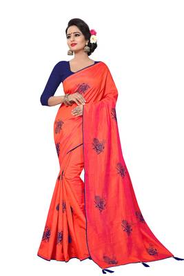 Orange Embroidered Silk Saree With Blouse 1
