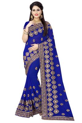 Blue Embroidered Georgette Saree With Blouse 1