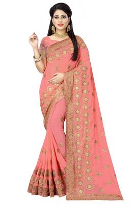 Peach Embroidered Georgette Saree With Blouse 1