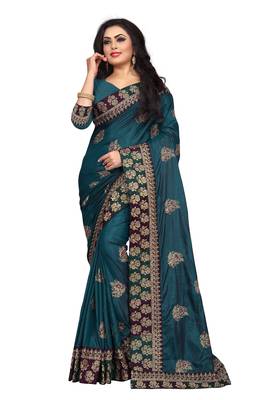 Teal Embroidered Silk Saree With Blouse 1