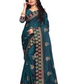 Teal Embroidered Silk Saree With Blouse