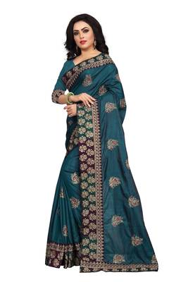 Teal Embroidered Silk Saree With Blouse 2