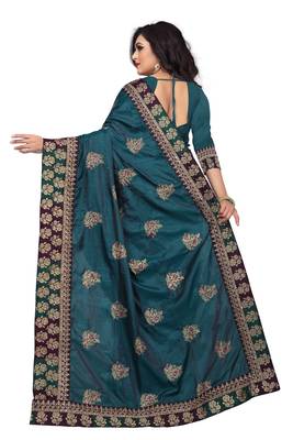 Teal Embroidered Silk Saree With Blouse 3