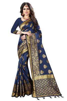 Navy Blue Woven Banarasi Saree With Blouse 1