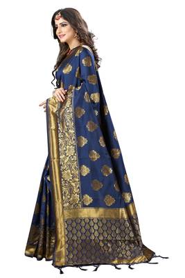 Navy Blue Woven Banarasi Saree With Blouse 2