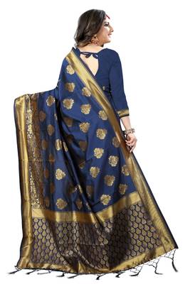 Navy Blue Woven Banarasi Saree With Blouse 3