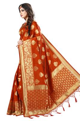 Rust Woven Banarasi Saree With Blouse 2