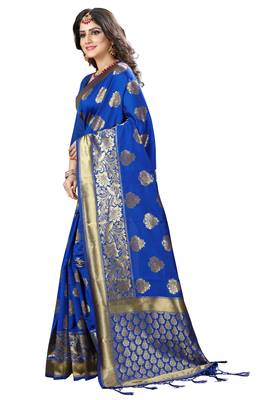 Blue Woven Banarasi Saree With Blouse 2
